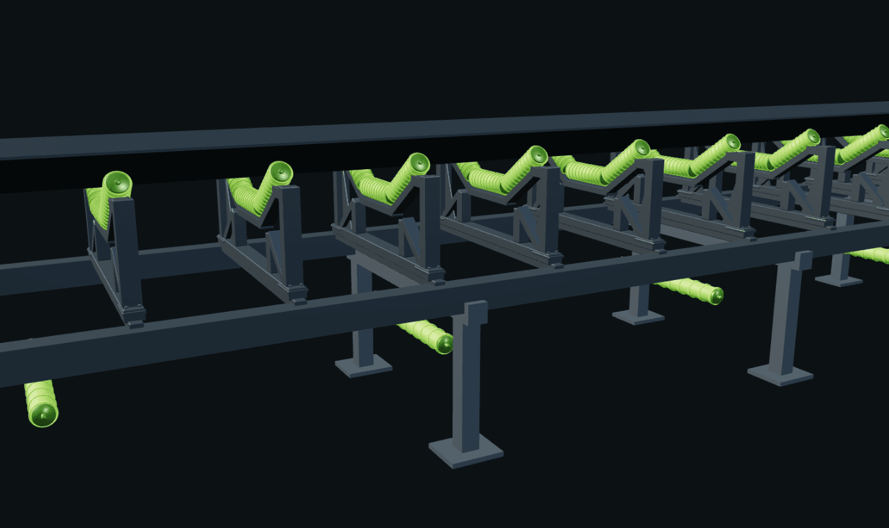 RichBernMotion 3D conveyor with green troughing idlers and dark structural frames